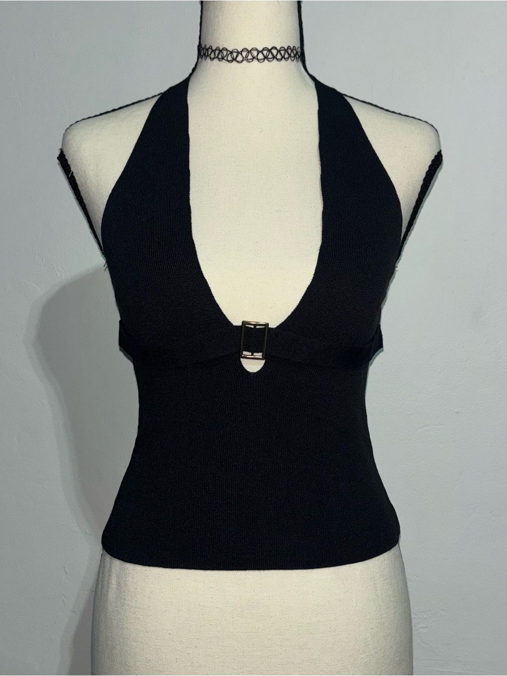 NWT Silence + Noise Black Y2K Halter Buckle Top S